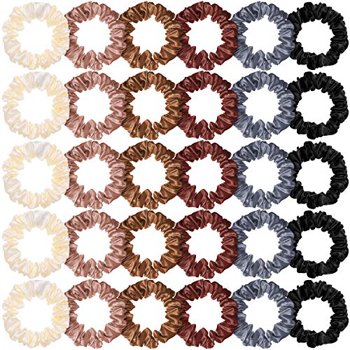 Colorful Satin Small Scrunchies Hair Ties - Set of 30, Mini Skinny Ponytail Holders