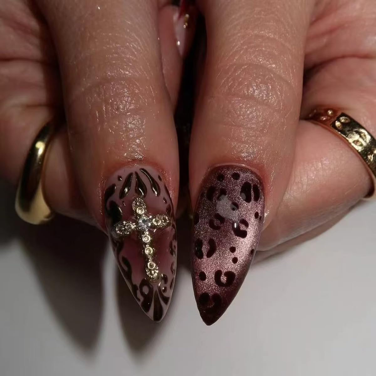 French Tip Almond Press-On Nails - Cat's Eye Acrylic with 3D Charms | 24 Pcs Set