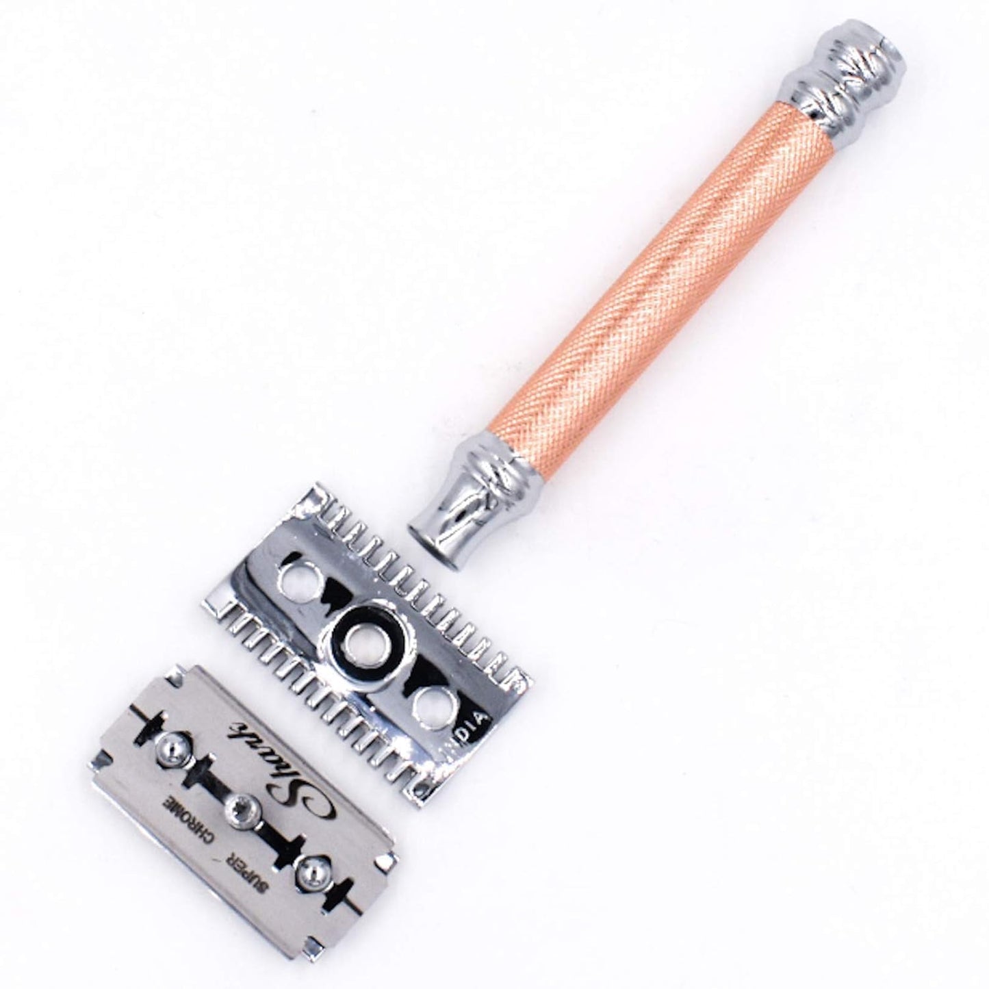 Parker Open Comb Double Edge Safety Razor – Heavyweight Chrome Handle for Closer Shaves – Includes 5 Razor Blades – Ideal for Men or Women (Rose Gold)