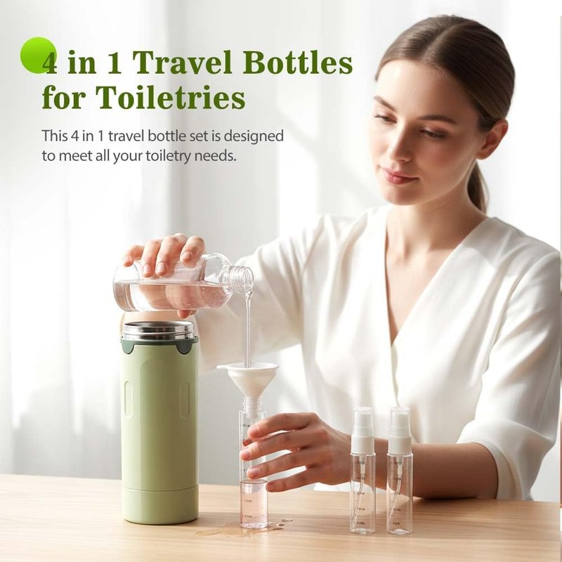 Travel Toiletry Bottles Set - 4 in 1 Portable Containers for Shampoo, Lotion & Conditioner | Transparent with Scale & Labels (White)