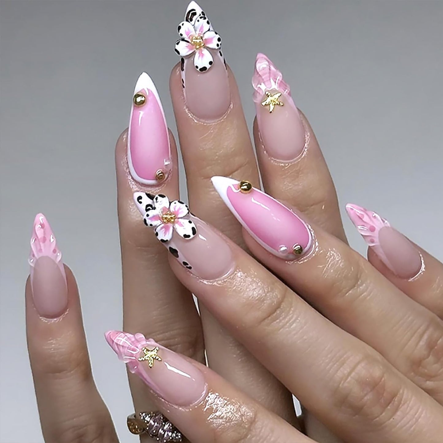 3D Flower Press-On Nails - Medium Square Pink French Tip with Star Rhinestones | Full Cover Artificial Nails for Women