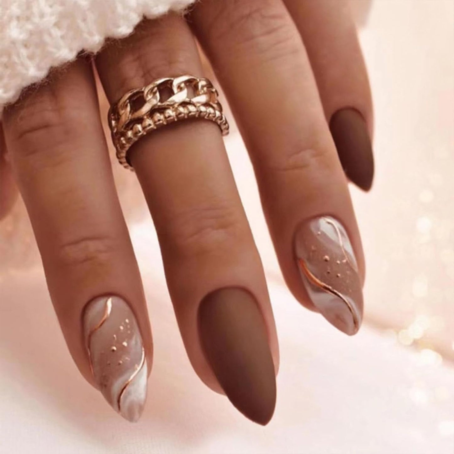 Press On Nails - Orange Almond Shape with Gold Glitter Swirl | 24 Pcs Acrylic Fake Nails for Women