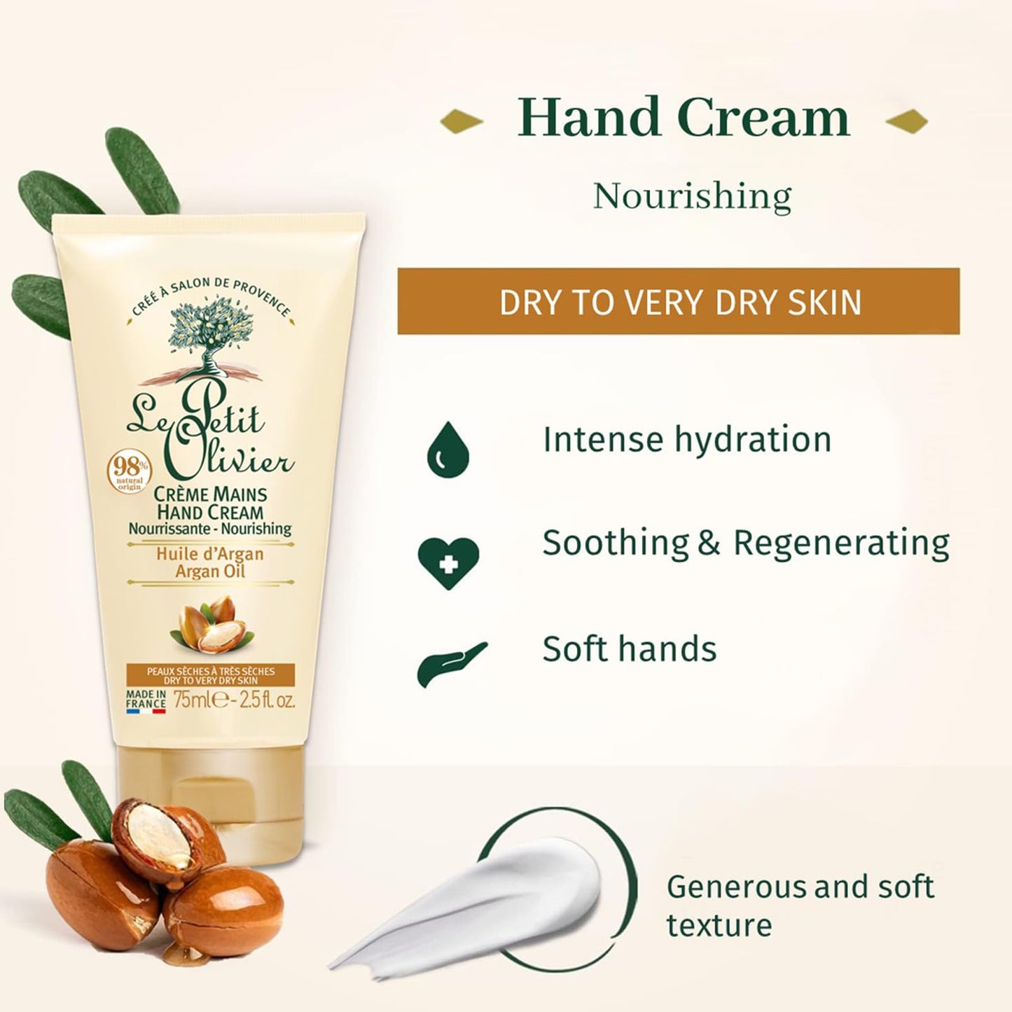 Le Petit Olivier Nourishing Hand Cream - Enriched With Argan Oil - Softens, Nourishes and Protects Hands - Soothes The Sensation Of Tightness And Discomfort - Silicone Free - 2.5 Oz