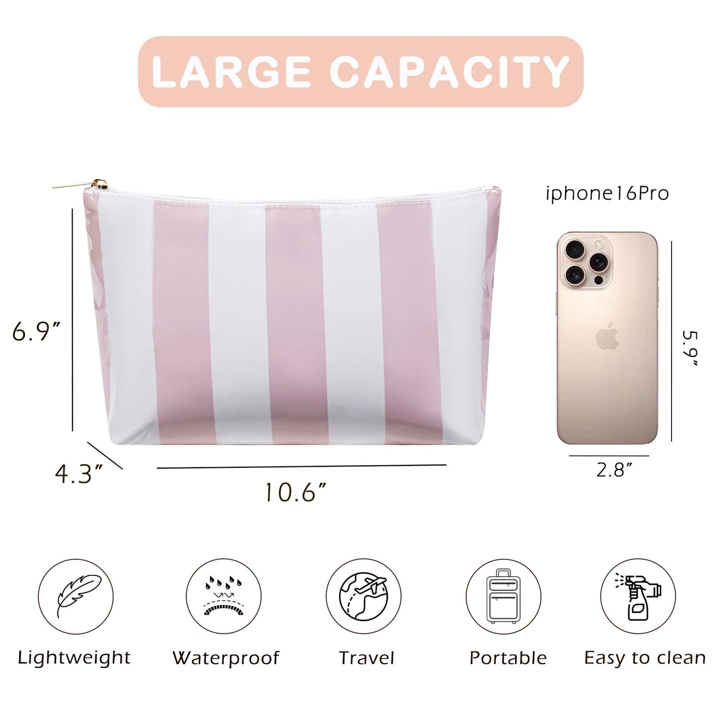 RSRSLEII Large Waterproof Travel Striped Makeup Bag, Aesthetic PVC Toiletry Bag, Coquette Cosmetic Bag, Sunscreen Accessories Storage Organization, Beach Travel Purse(Pink)