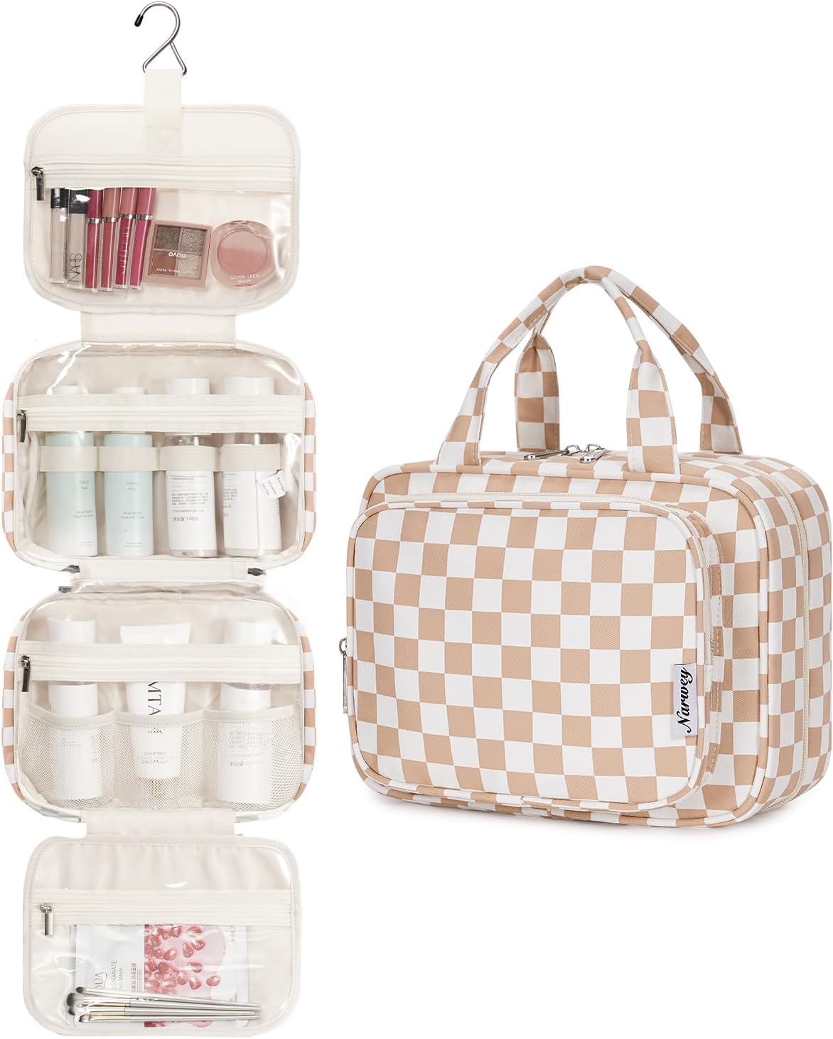 Hanging Toiletry Bag for Women - Travel Makeup Organizer with Light Checkerboard Design | Medium Size