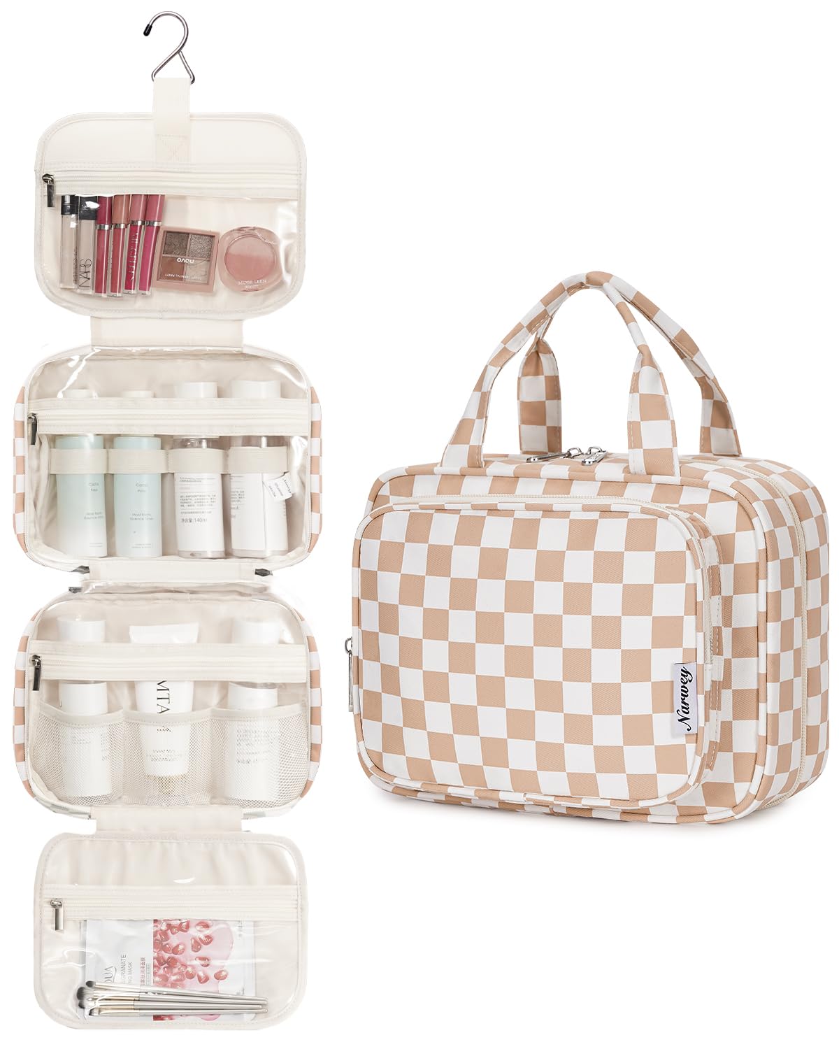 Narwey Hanging Toiletry Bag for Women Travel Makeup Bag Organizer Toiletries Bag for Travel Size Essentials Accessories Cosmetics (Light Checkerboard (Medium))