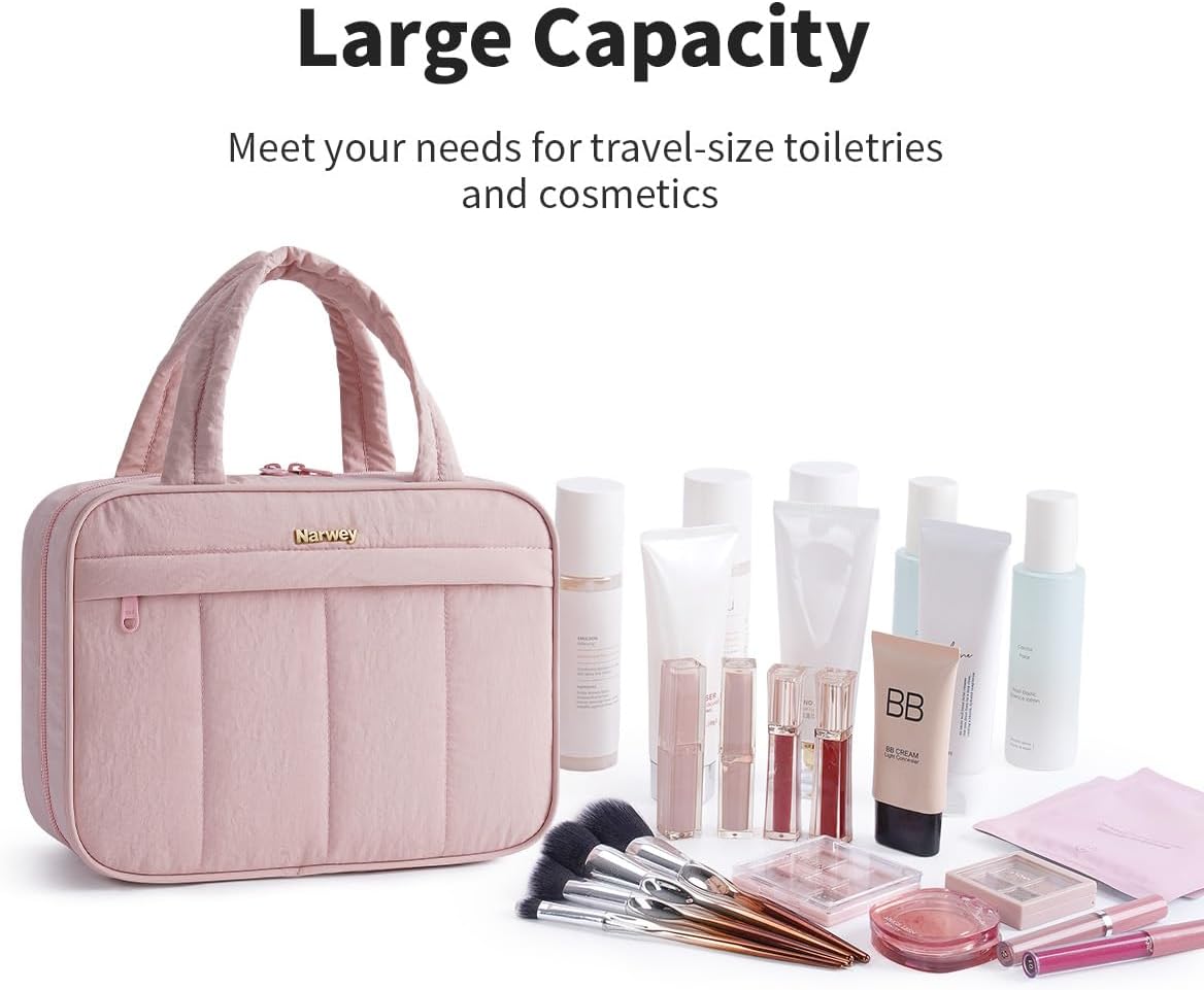 Quilted Travel Toiletry Bag for Women - Portable Makeup Organizer | Pink