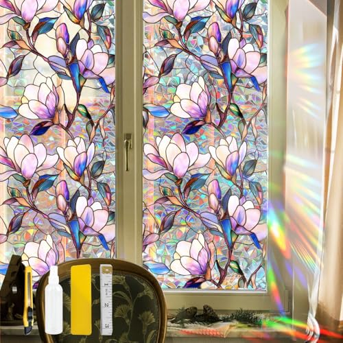 Purple Magnolia Stained Glass Window Film | Static Cling Privacy Decor