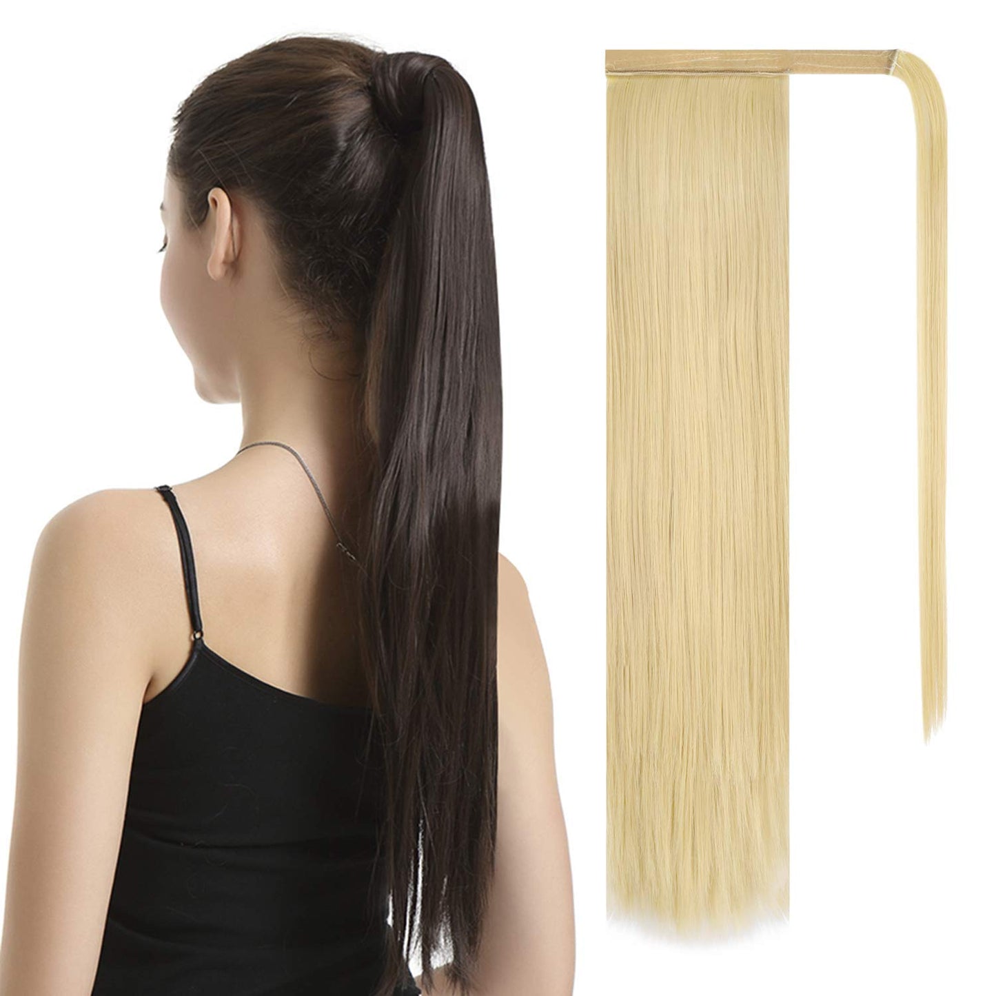 Dark Brown Straight Ponytail Extension - 28 Inch Clip-In Hairpiece for Women | Synthetic Wrap Around Style