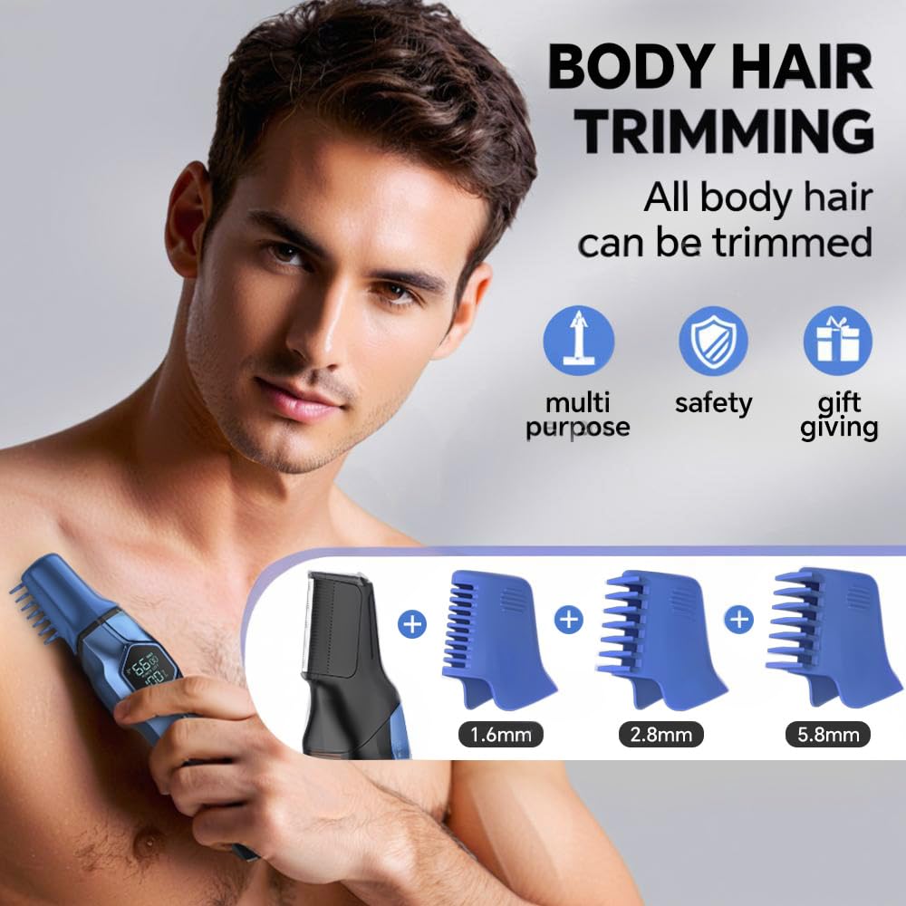 5-in-1 Electric Beard Trimmer Magnetic Replacement Heads, Professional Cordless Hair Clippers for Men Rechargeable, IPX7 Waterproof Grooming Kit for Face, Mustache, Body, Nose, Gifts for Men (Blue)