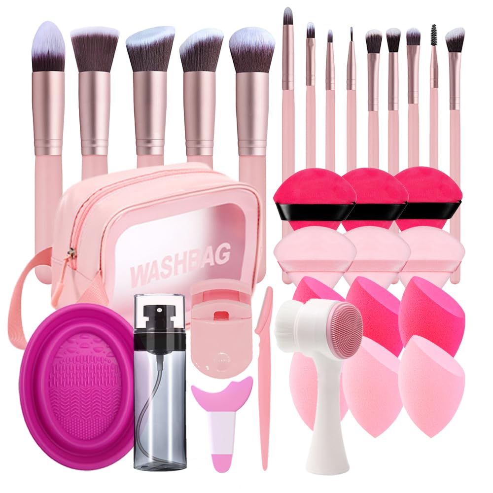 33PCS Makeup Brush Set - Foundation Brushes, Sponges, Eyelash Curlers & More | Complete Beauty Tool Kit