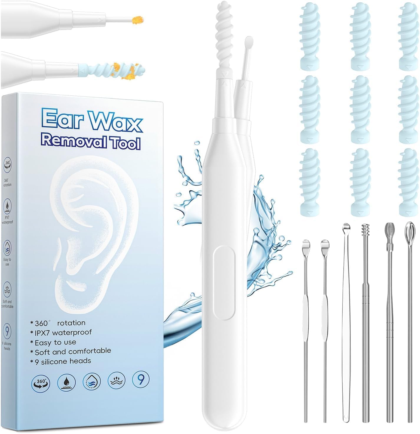 Ear Wax Removal Tool - Multifunctional Spiral Cleaner with 9 Tips | Washable Deep Cleaning Kit