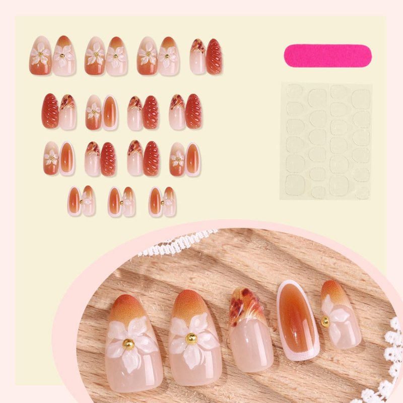 Flower Press-On Nails - Almond Medium Hibiscus Design with 3D Gold Beads | Spring Summer Acrylic Fake Nails for Women