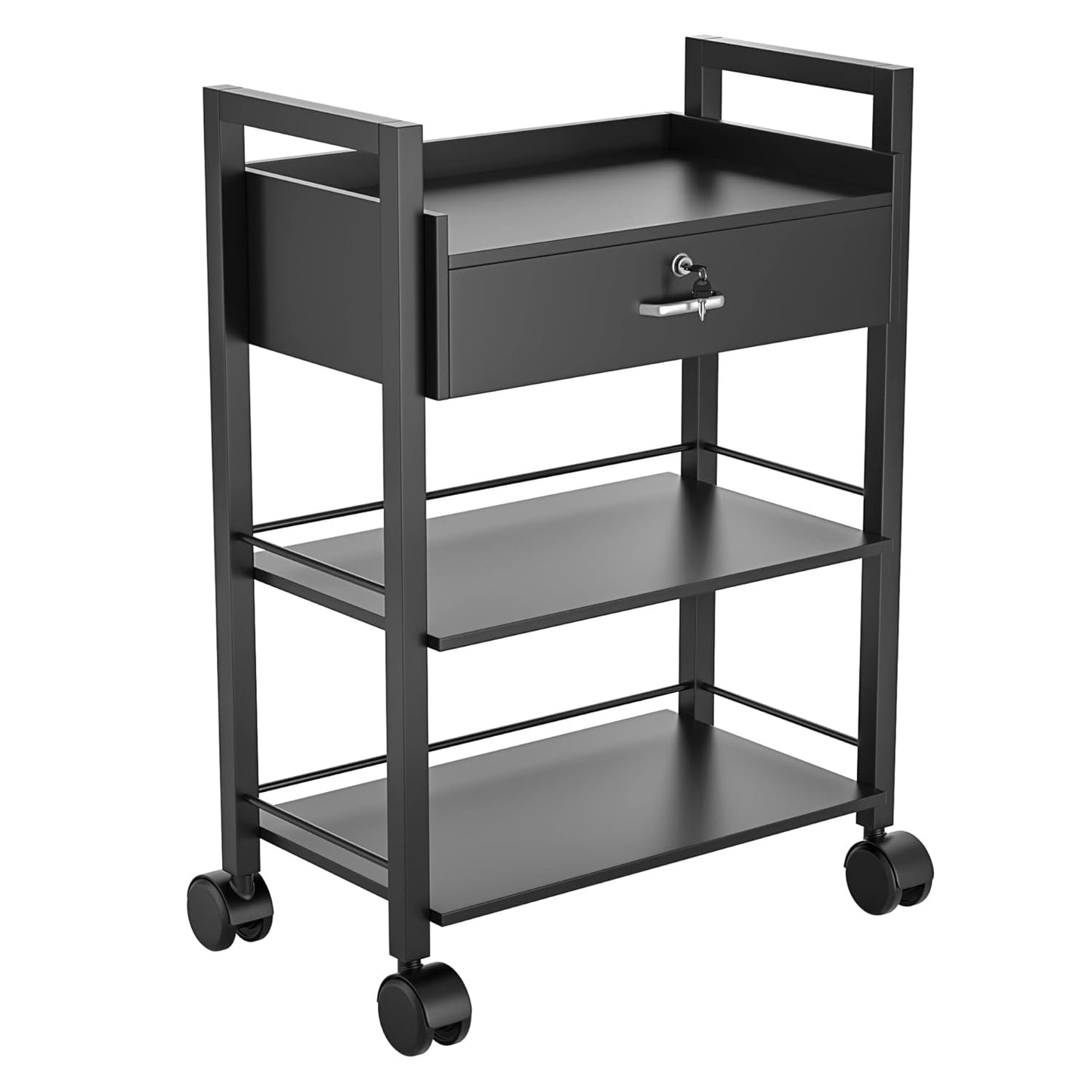 Salon Trolley Cart - Mobile Wooden Utility Cabinet with 1 Drawer & 2 Trays | Rolling Storage Station for Beauty Spa - Black