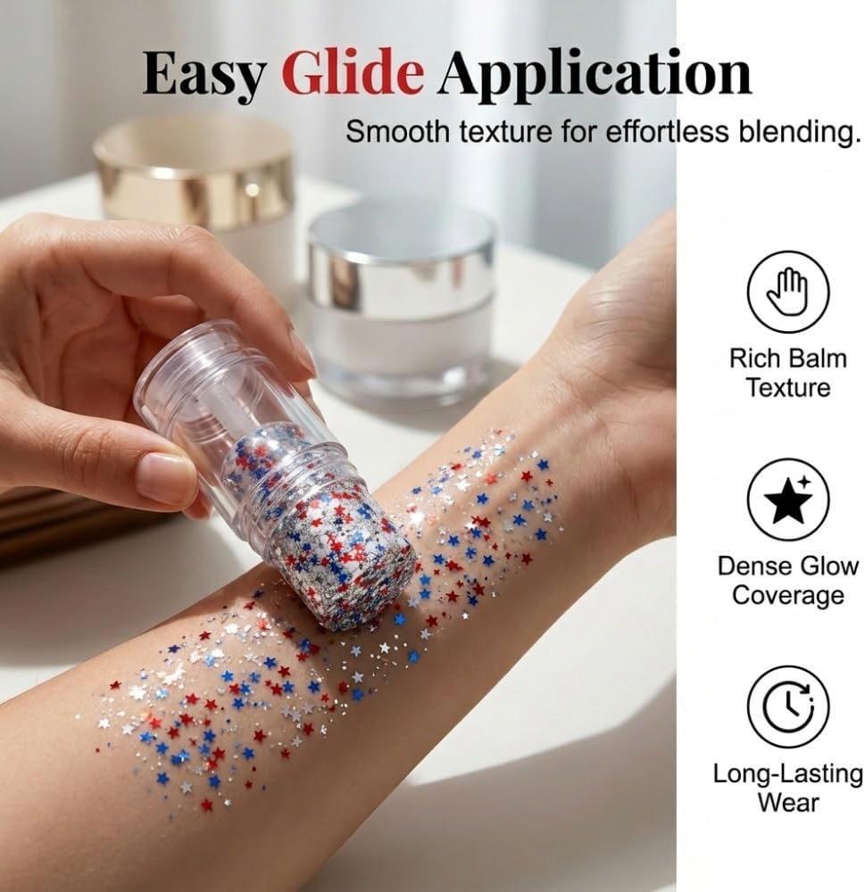 Patriotic Body Glitter Stick - Red, White & Blue Sparkle for Face and Hair | Perfect for Independence Day Celebrations