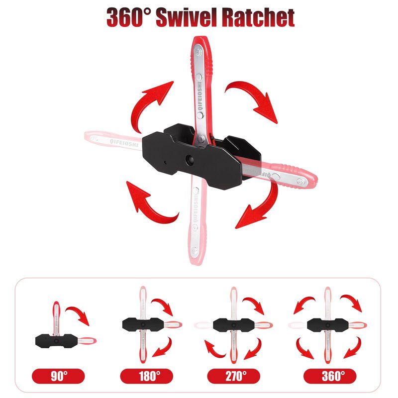 QIFEIOSHI Brake Caliper Compression Tool, 4-in-1 Universal Disc Caliper Tool, 360° Swivel Ratcheting Compressor for Automotive Brake Repair and Installation, Includes 2 Rubber Hooks and Gloves (Red)