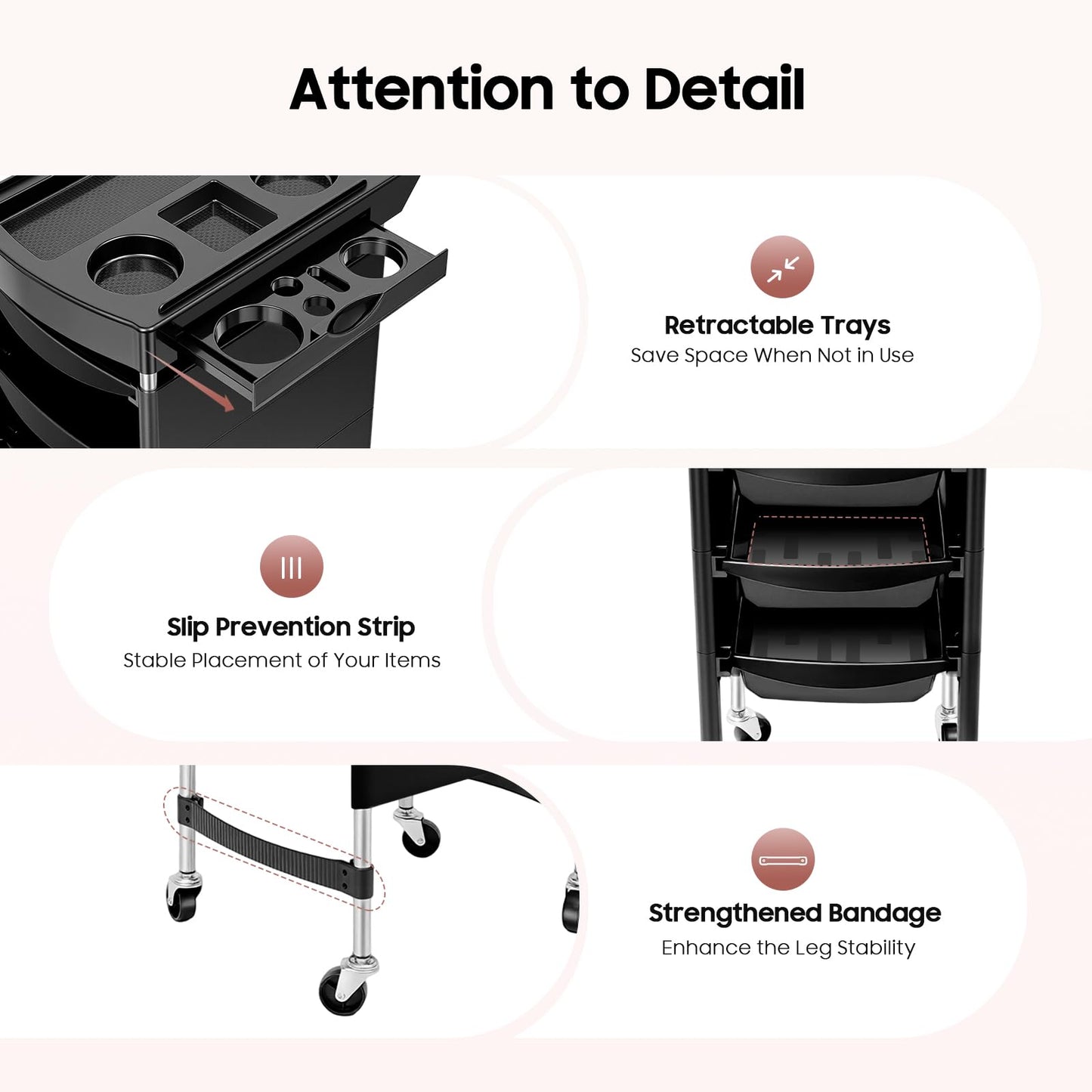 Salon Trolley, 6 Tiers Beauty Salon Trolley with Handle+Rolling Wheels, 5 Drawers and 2 Hair Dryer Holder Side Tray for Beauty Salons, Barber Stores, Hospitals, and Health Centers, Black