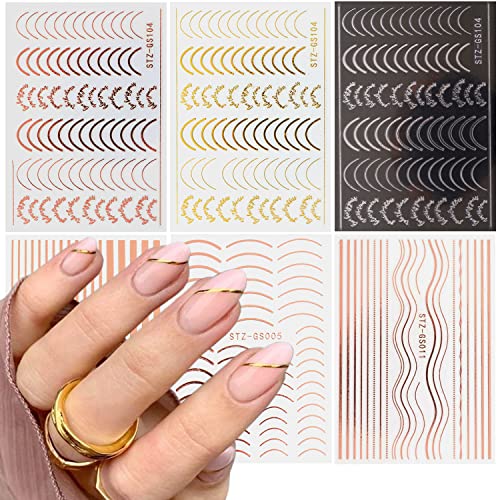 Vezocim Line French Wavy Nail Art Stickers - Gold, Silver & Rose Gold Self-Adhesive Decals for Manicure, Variation: Line