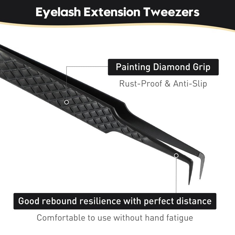 Ms.Queen Lash Tweezers for Eyelash Extensions, Diamond Grip 90 Degree Fiber Tip Volume Lash Extension Tweezers,Black