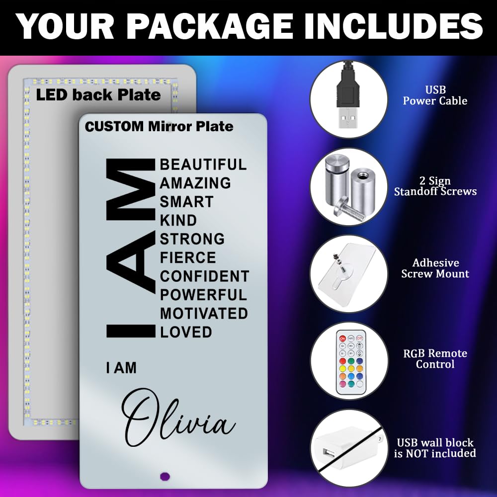 ONPRINTS Personalized Affirmation Mirror LED Light - I Am Mirror - Light Up Sign for Wall RGB Light - Personalized Name Sign for Bedroom Living Room