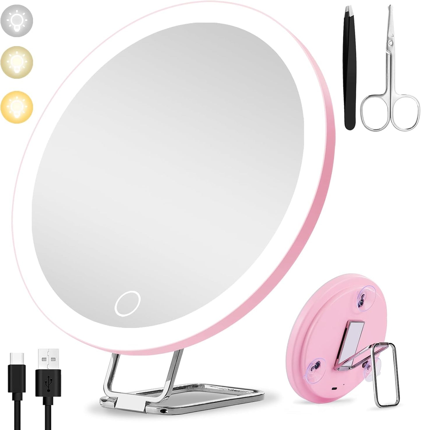 30x Magnifying Mirror With Light - Large 6" Rechargeable Makeup Mirror | Dimmable 3 Color Modes, Suction Cups & Stand