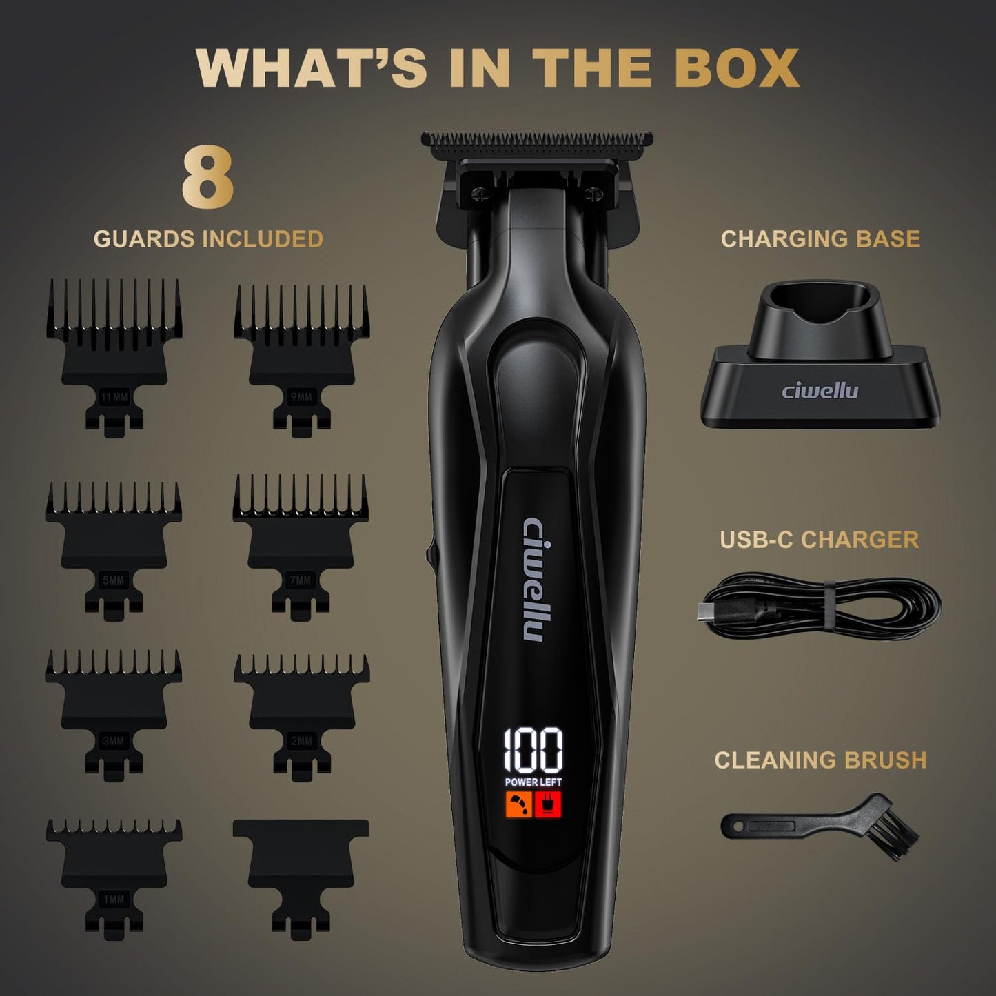 ciwellu Hair Trimmer for Men, Professional Barber Liner & Beard Trimmer with Zero-Gap T-Blade Clippers,USB-C Fast Charge with 7 Guards for Hair/Body