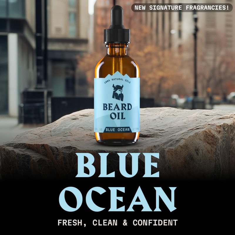 Striking Viking Beard Oil for Men (2 Fl Oz (Pack of 1), Blue Ocean) Naturally Derived Conditioner with Almond, Tea Tree, Argan & Jojoba Oil for Beard Growth, Softening & Moisturizing