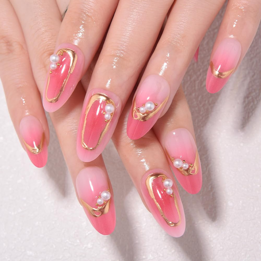 Nude Cat Eye Press-On Nails - Short Almond Shape with Gold French Tips | Reusable Soft Gel Set for Women