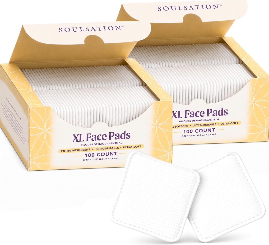 SoulSation Extra Large Face Pads (200 Count) - Durable, Absorbent, Hypoallergenic, Dermatologically Tested - Removes Makeup & Nail Polish, Apply Cleansers & Toners & Micellar Water