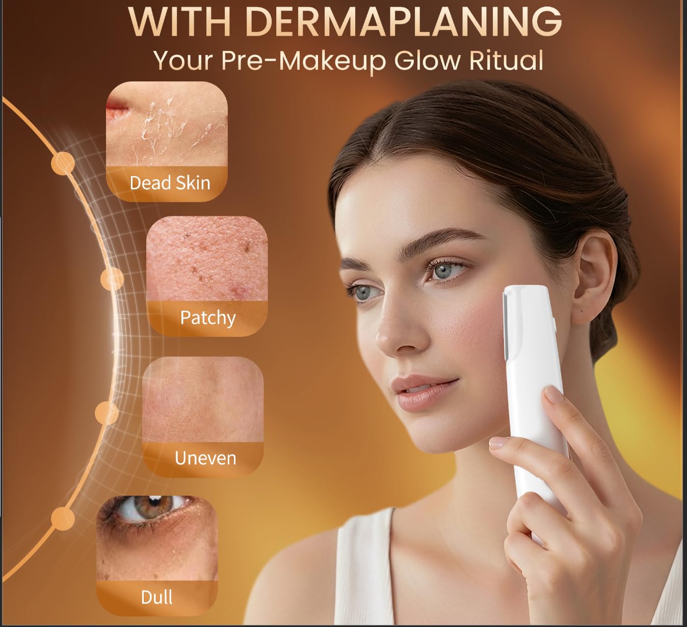 Sonic Dermaplane Facial Hair Remover - Rechargeable Face Razor with LED Light & 4 Blades | Gold