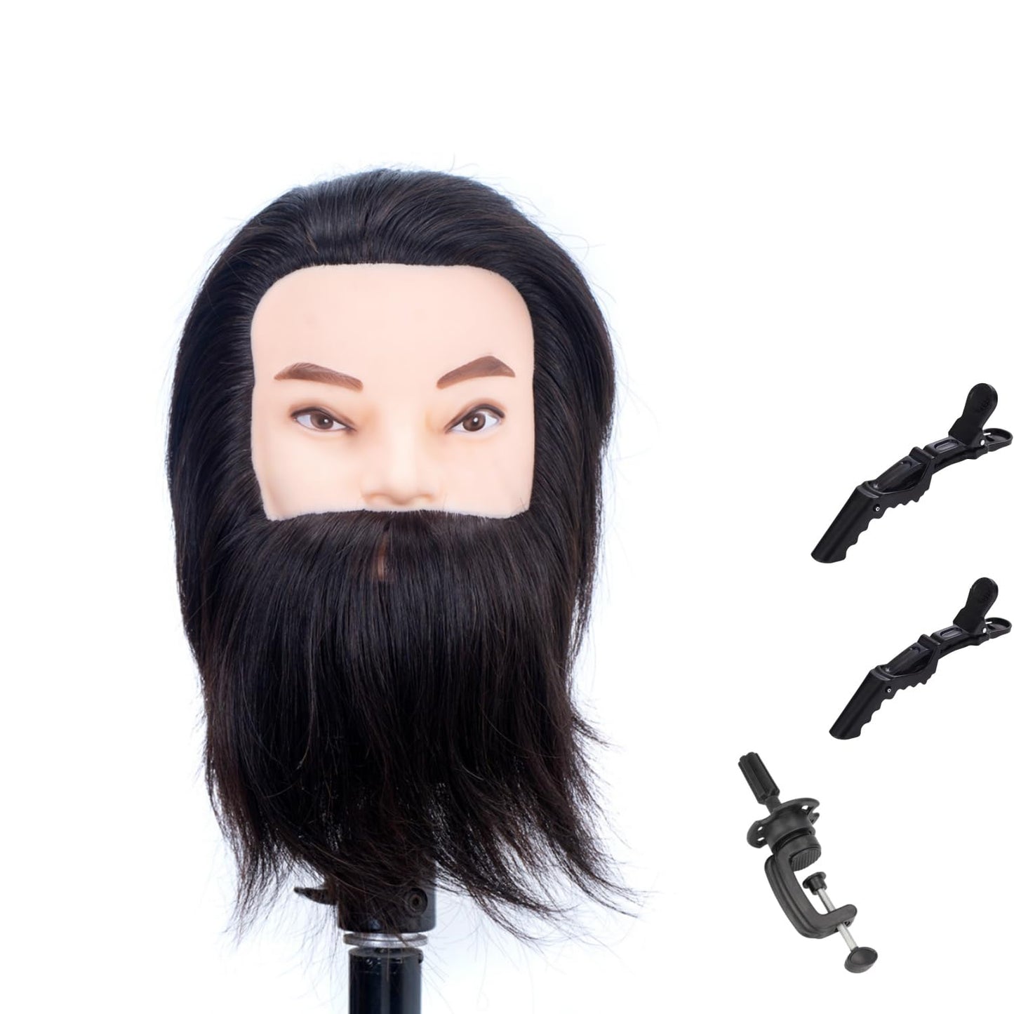 Male Mannequin Head 100% Human Hair Mannequin Head Cosmetology Mannequin Head with Stand Mannequin Head Human Hair Doll Head (Bearded Black)