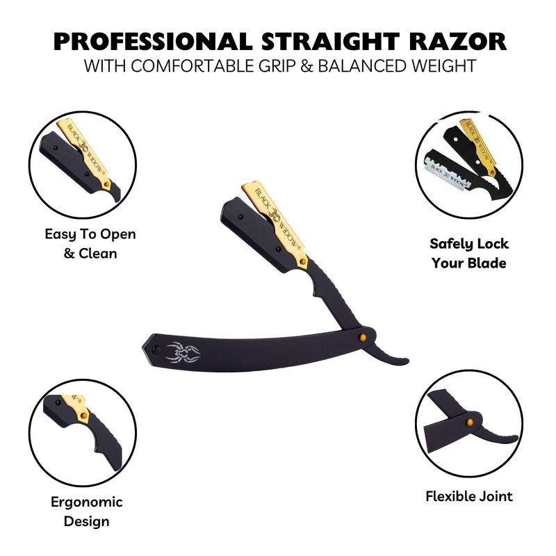 Black Widow Professional Straight Razor – Matte Black & 24K Gold plated finish Barber Razor for Men – Swing Lock Grip, Stainless Steel Shavette for Barbers & Beginners pack of 10 blades