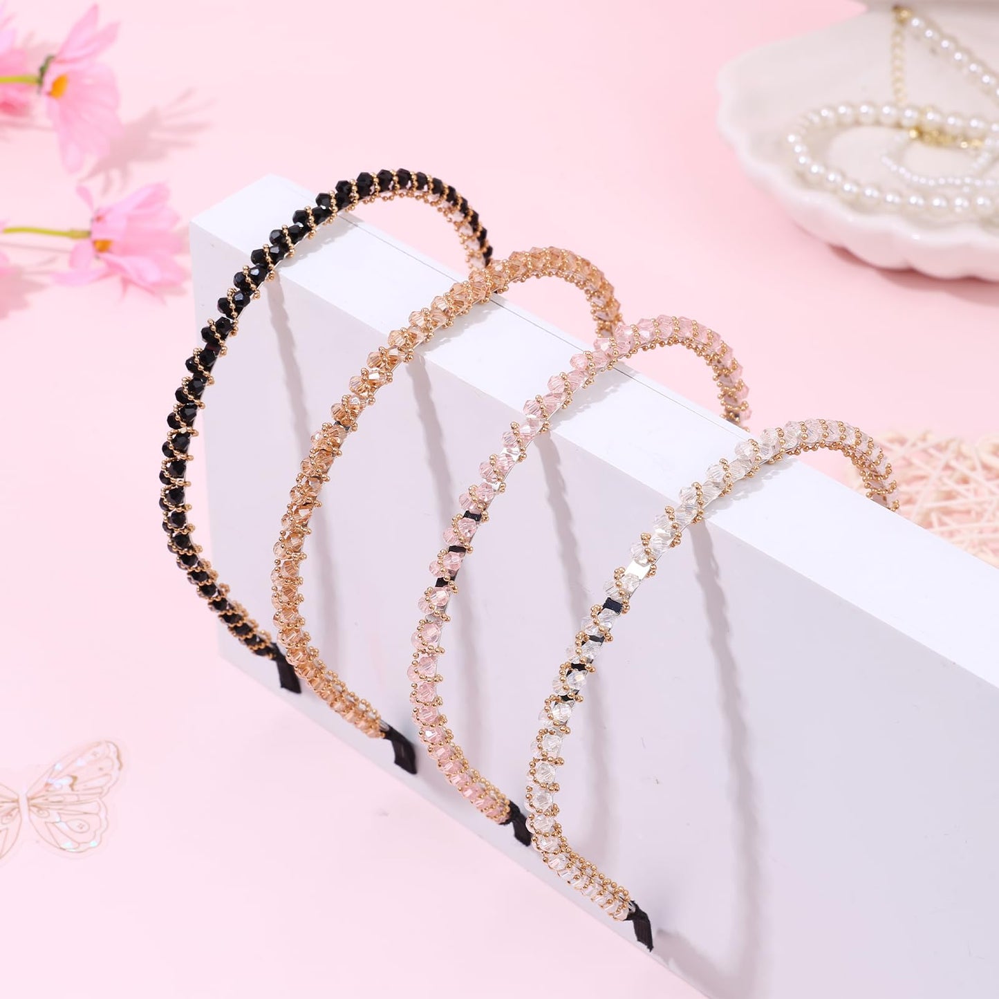 OAOLEER 4 PCS Rhinestone Headbands for Girls,Glitter Crystal Headbands Thin Sparkly Hairbands Fashion Beaded Hair Hoops for Girls Hair Accessories Birthday Wedding