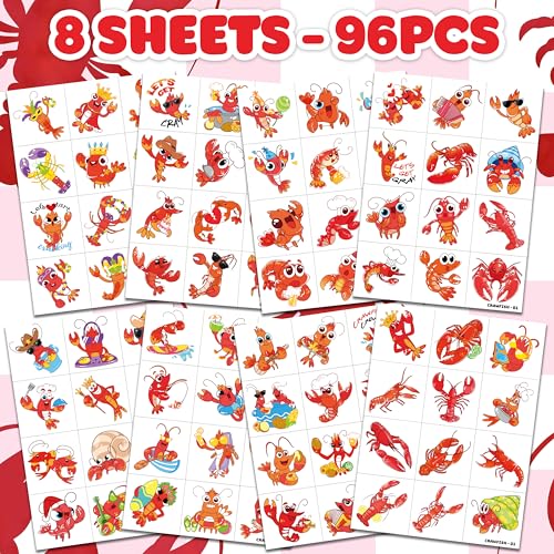120 PCS Crawfish Boil Temporary Tattoos Kids & Adults - F. Multiple Sheets