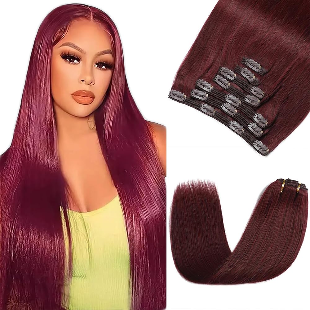 99J Clip in Hair Extensions Real Human Hair, 30 Inch 120g/7Pcs,Full Shine Burgundy Remy Hair,#99J Burgundy Straight Clip ins Hair Brazilian Virgin Human Hair Extensions