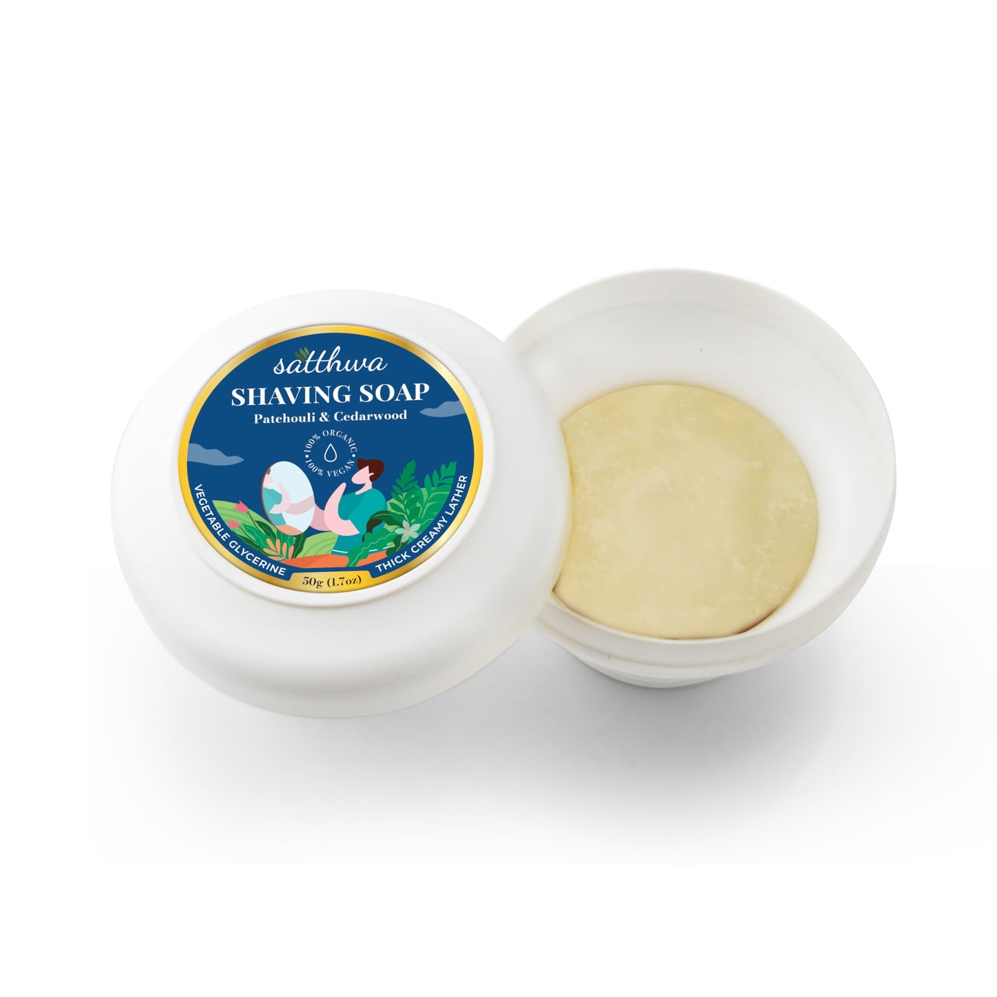 Satthwa Organic Shaving Soap Puck infused with Patchouli & Cedarwood | Create the Perfect Lather | Excellent for Silky Smooth Shaves | Hydrates and Shields, 50g (1.7oz)