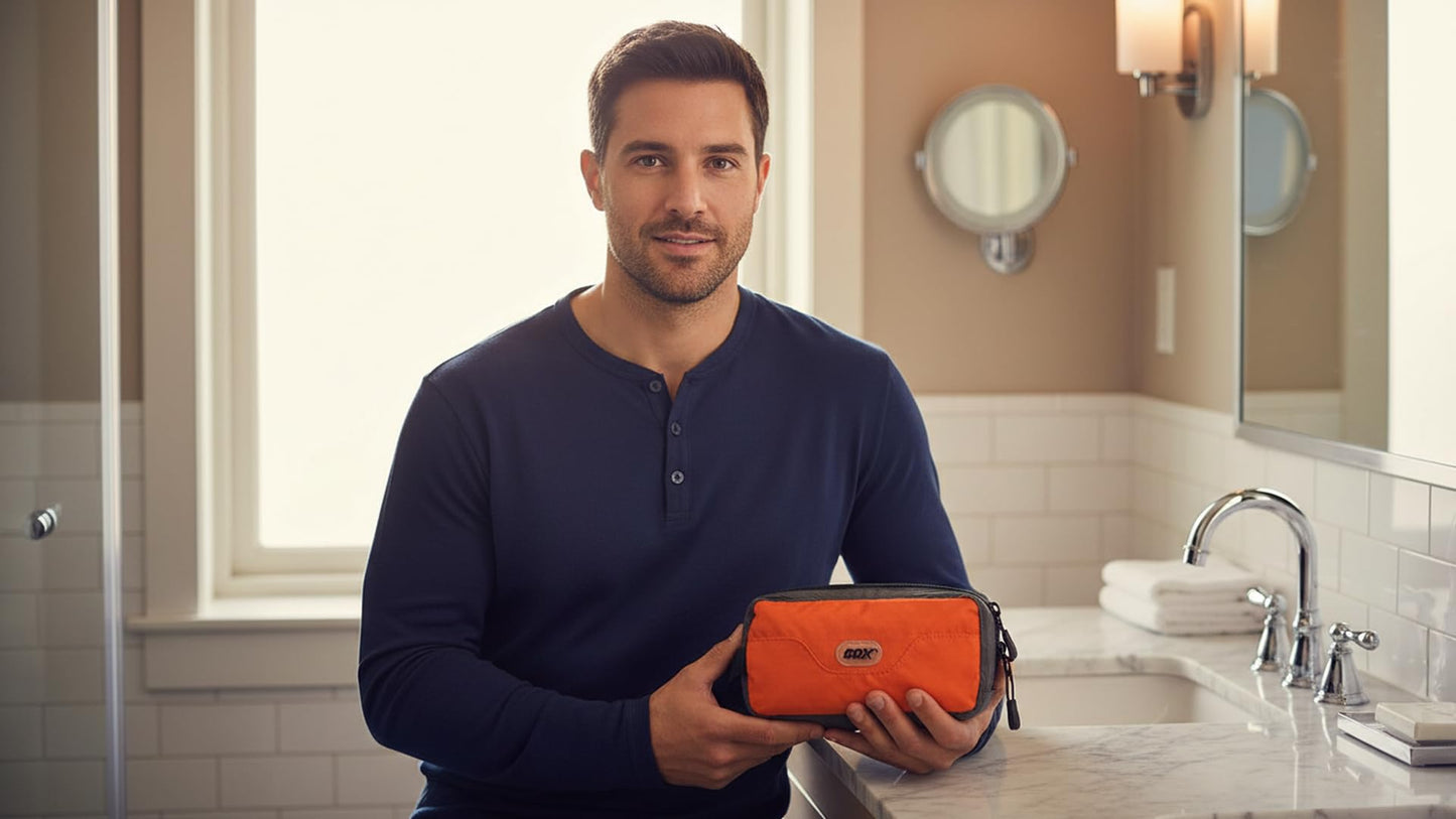 GOX Travel Small Toiletry Bag for Men Nylon Dopp Kit Medicine Bag Travel Organizer Pouch Shave Kits for Teens Toiletry Essentials Bathroom Compact (Orange, 7.9 * 3.7 * 2 Inches)