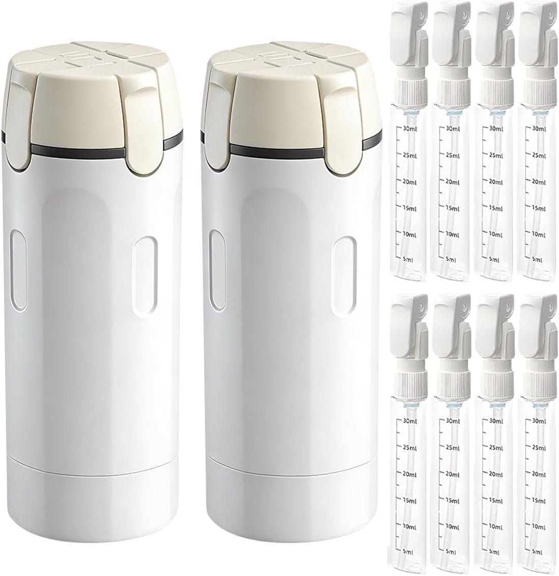 Travel Toiletry Dispenser - 4-in-1 Leak Proof Bottles with Scale & Labels | Ideal for Shampoo, Lotion, Shower Gel - White