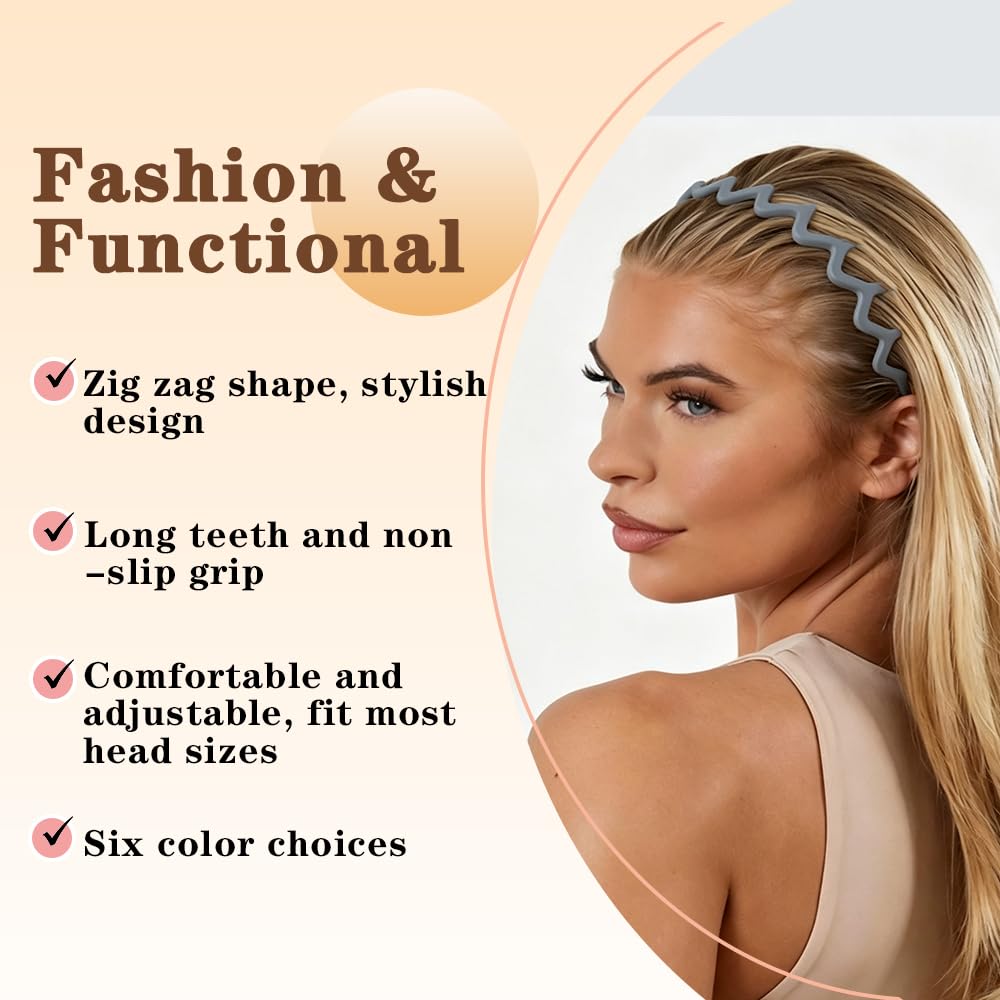 Zig Zag Headbands for Women - Non-Slip Plastic Hair Bands | 6 Pack 90s Retro Style Accessories