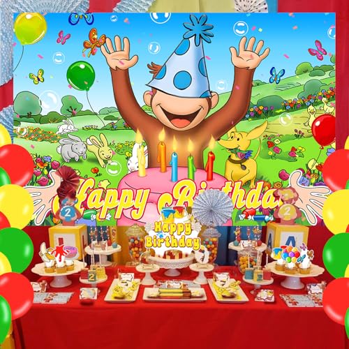 Cartoon Monkey Birthday Backdrop Banner - 59x35.4 inches Kids Party Decor