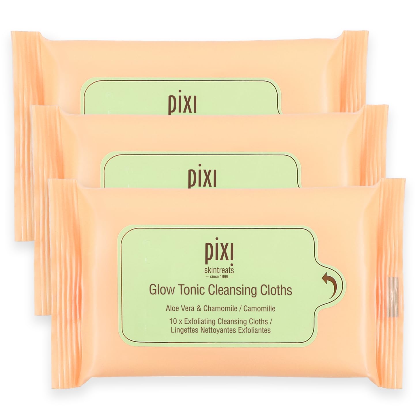 Pixi Beauty Glow Tonic Cleansing Cloths - Exfoliating & Hydrating Face Wipes | Pack of 10 Towelettes