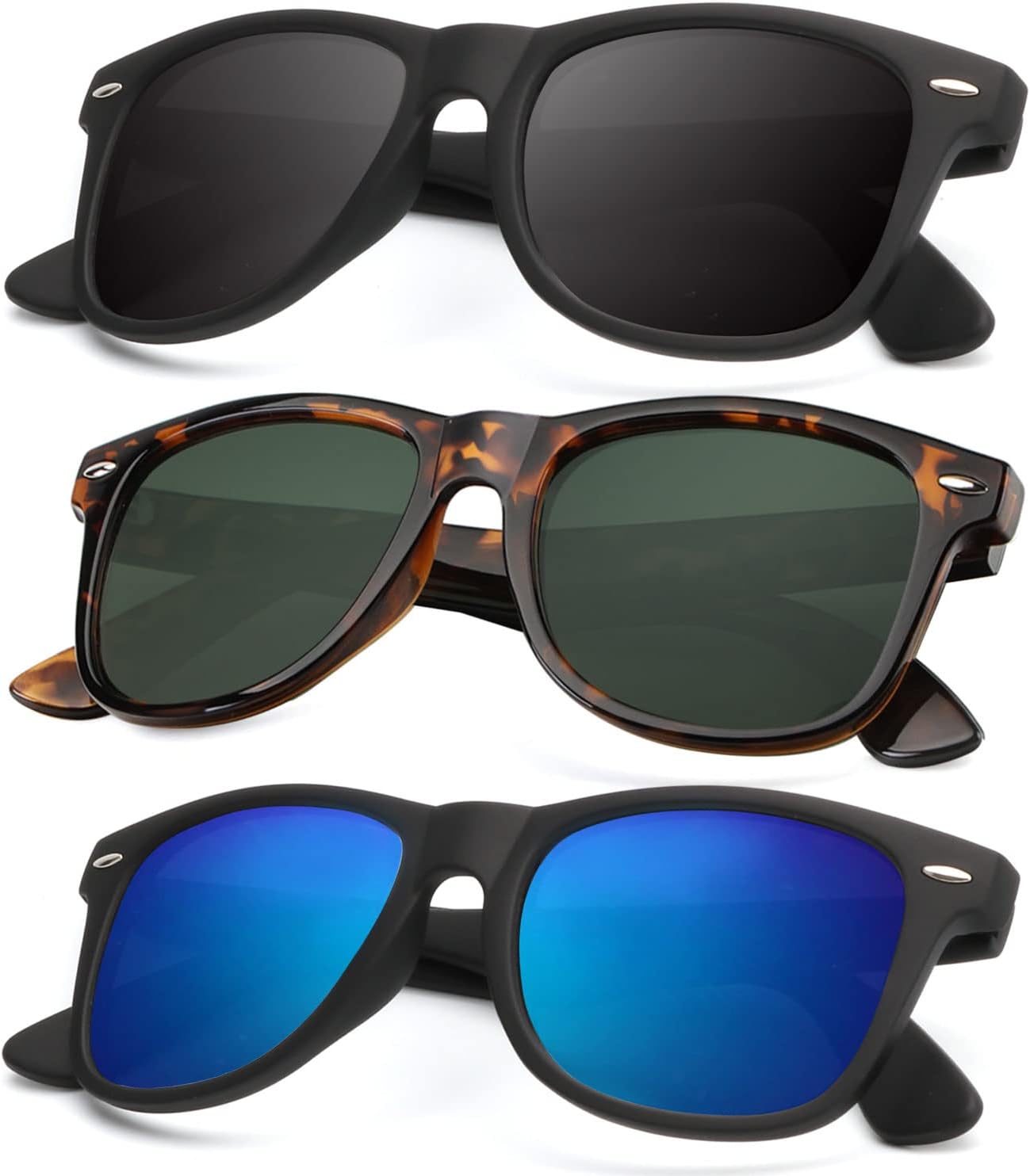 KALIYADI Polarized Sunglasses - Matte Finish, UV Blocking, Color Mirror Lenses | 3-Pack for Men & Women