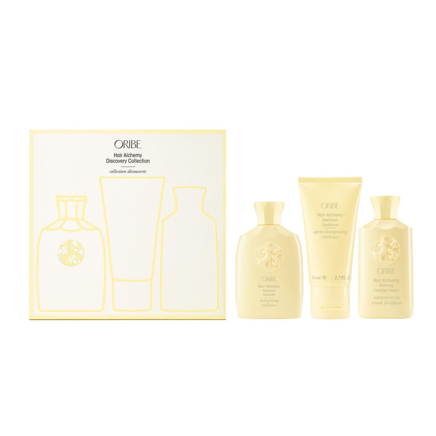 Oribe Hair Alchemy Discovery Travel Set - Prevents Breakage & Strengthens Weak, Fragile Hair - Hydrates & Softens - Strengthening Shampoo (2.5 oz), Conditioner (1.7 oz) & Serum (2.5 oz)