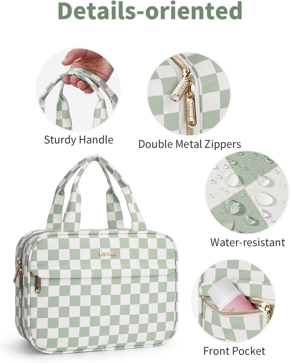 Hanging Toiletry Bag for Women - Checkered Travel Makeup Organizer | Mint Green Checkerboard, Medium Size