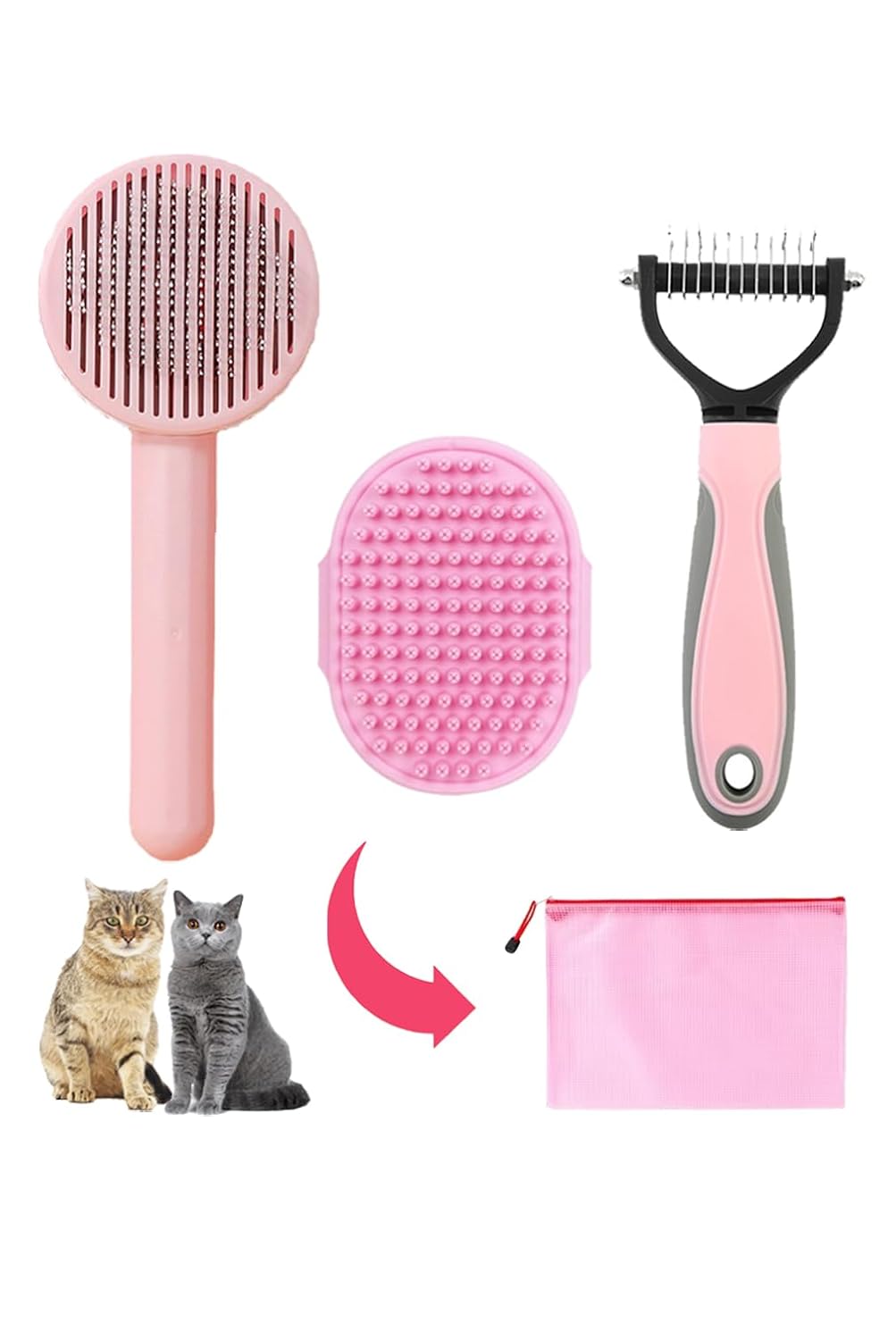 Cat Brush for Shedding - 5-Piece Set for Long-Haired Cats & Small Dogs | Pink Matted Fur Comb