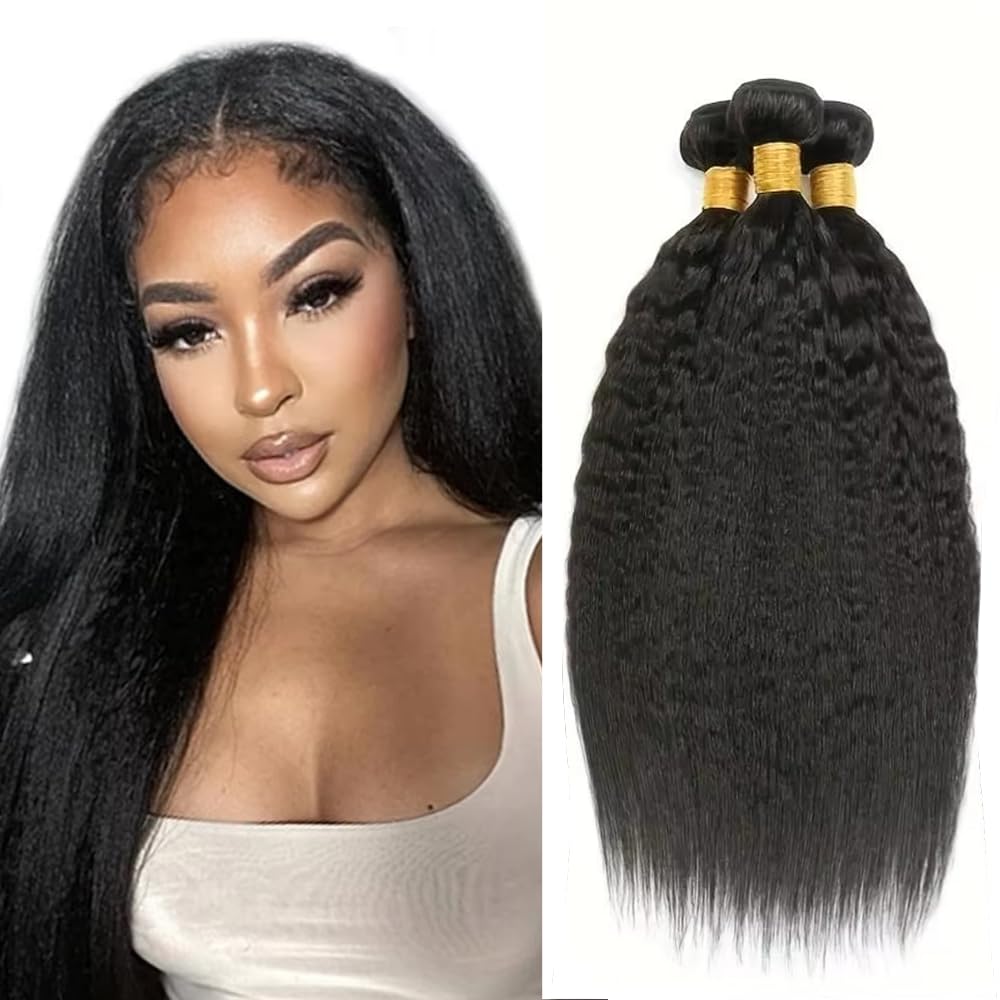 26 28 30 Inch Yaki Straight Human Hair Bundles kinky Straight Bundles Kinkystraight Human Hair Bundle LadrXadr Kinky Yaki Bundle 1B Color 150g