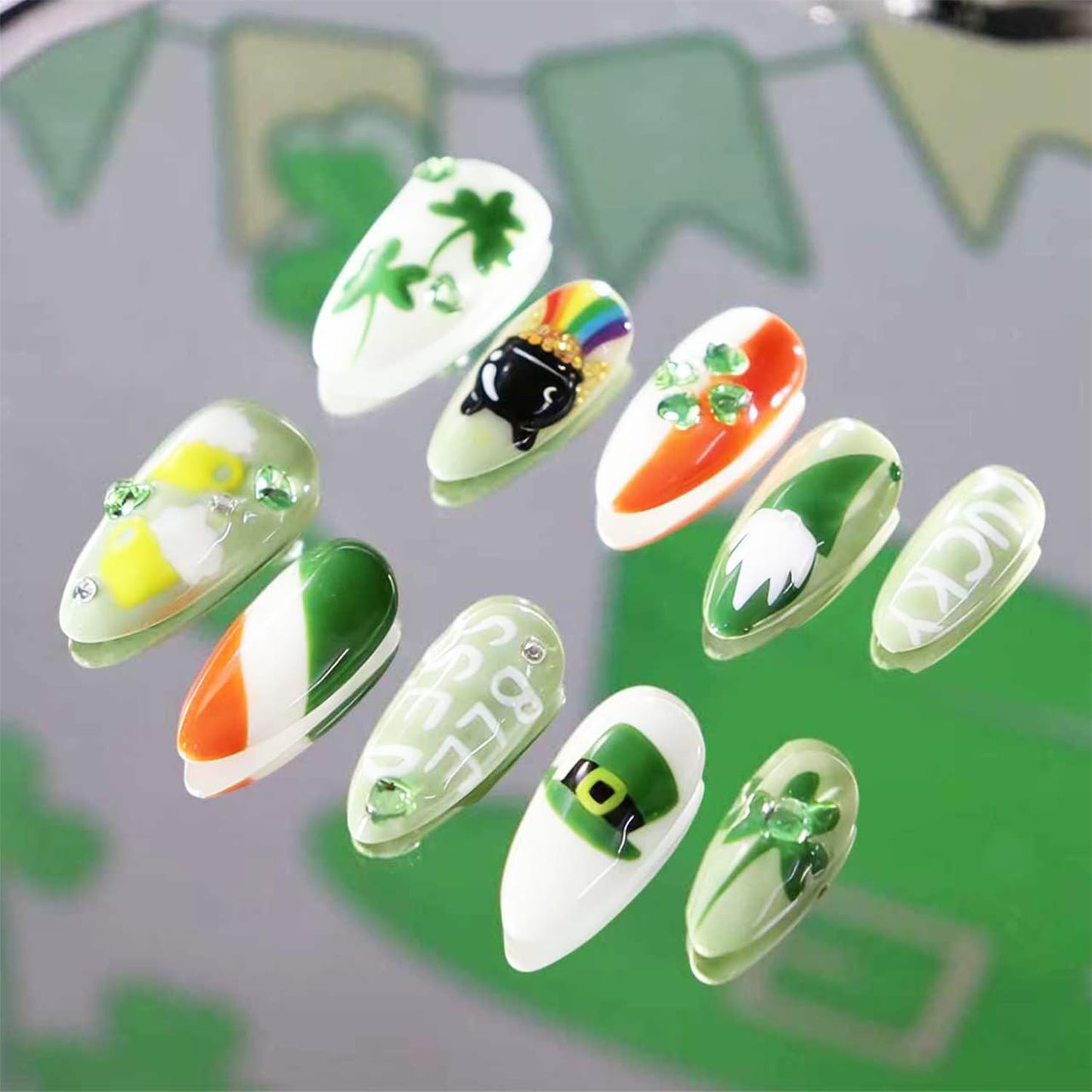 French Tip Press-On Nails - 24pcs Medium Almond with 3D Floral Gold Pearl Shell Designs | Summer Glitter Acrylic Full Cover