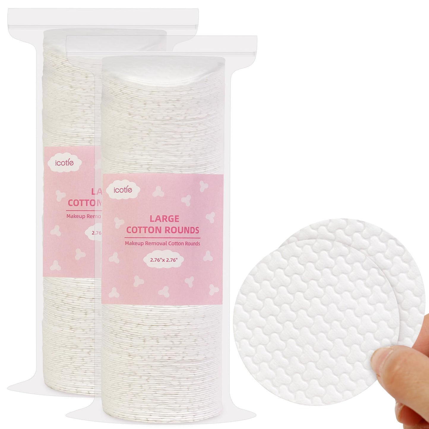 ICOTLE Large Cotton Rounds (400 Count), 100% Pure Cotton Pads, Clover Textured Design, Soft and Lint-Free, for Removing Makeup, Nail Polish, and Cleansing Face