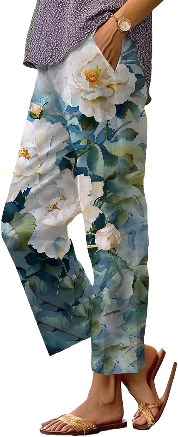 Women's Boho Floral Wide Leg Capris - Elastic Waist, Loose Fit Beach Pants | Casual Summer Trousers