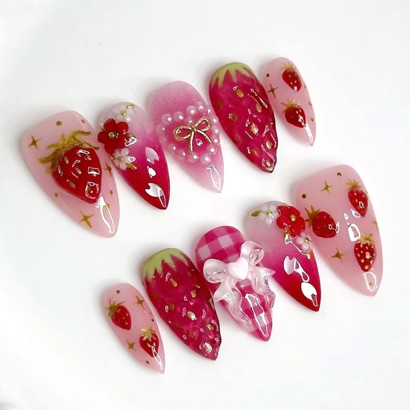 Strawberry Flower Press-On Nails - 24Pcs Medium Almond Acrylic Nails with 3D Heart Pearls & Bow Charms | Pink Gradient Glossy